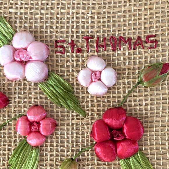 Handmade St. Thomas Floral Straw Raffia Zippered Clutch Purse Embroidered Flower - Picture 2 of 6